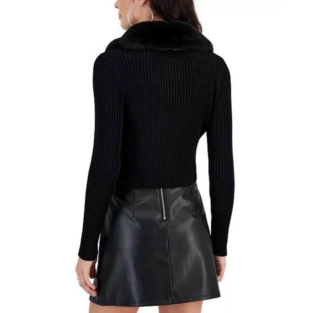 Taylor Ribbed Knit‎ Cardigan Removable Faux Fur Collar Single Button Size L